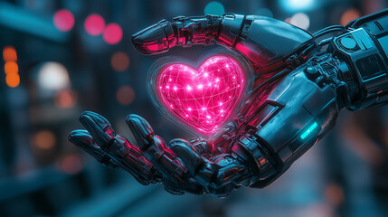 Robotic hand gently cradling a neon pink, surrounded glowing futuristic lights and geometric shapes