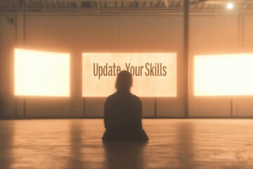 Silhouette of person focused on glowing screens promoting skill