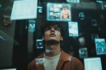 Contemplative individual gazing at floating digital screens, ref