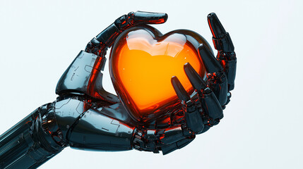 Mechanical robot hand holding a radiant heart