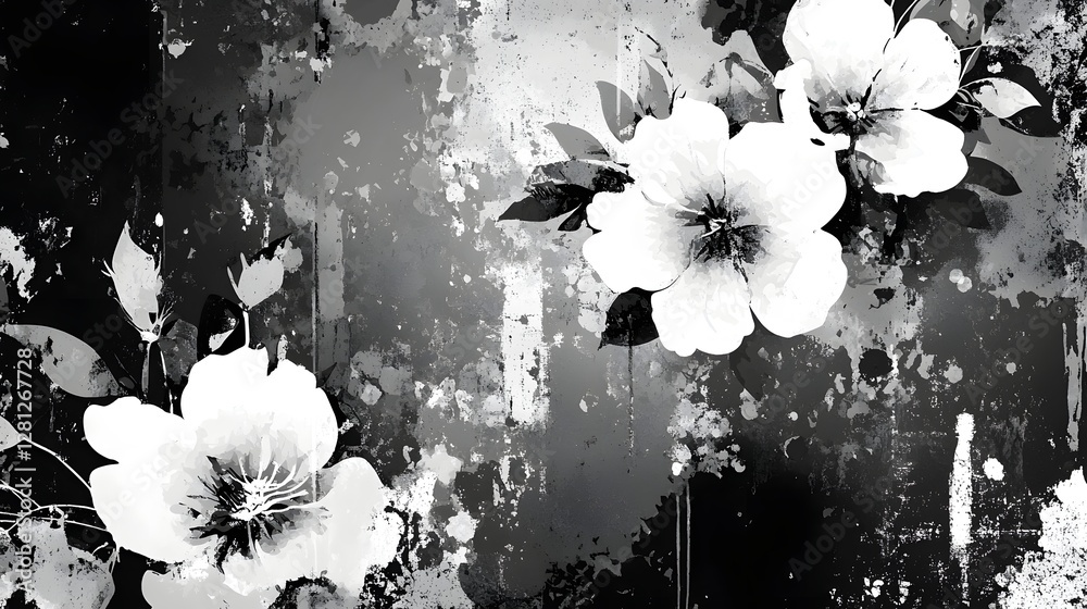 Poster Delicate monochrome blooming flowers with soft petals set against a backdrop of textured greenery and foliage creating a serene and elegant atmosphere