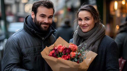 A happy couple dressed in warm winter clothing, holding a bouquet of roses in a city street, symbolizing love and appreciation for International Women's Day