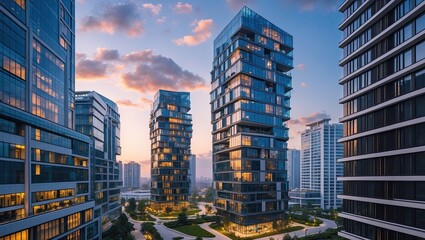 Naklejka premium Modern high-rise buildings with reflective glass facades illuminated during sunset, framed by a vibrant sky in an urban environment