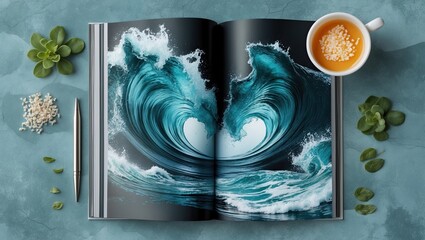 An open book with vibrant wave illustrations resting on a textured surface, surrounded by fresh herbs, a writing instrument, and a cup of tea