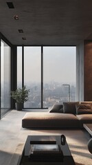 Modern Living Room With Panoramic City View and Stylish Decor in an Urban Apartment at Sunset
