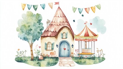 Fototapeta premium Whimsical Watercolor Illustration of a Fairytale Cottage