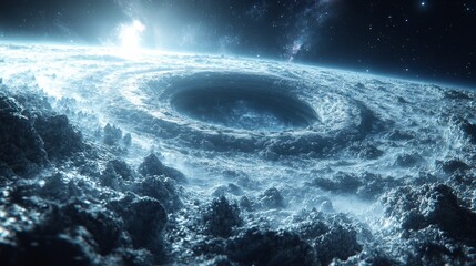 A swirling vortex on a frigid, icy planet, illuminated by a distant star.