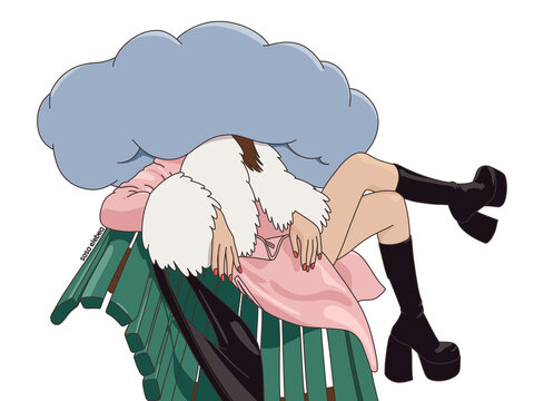 Woman in a Fluffy Jacket Resting on a Chair With a Cloud on her Head