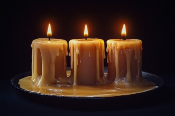 Three melted candles on dark tray.