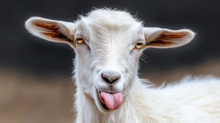 Obraz premium White goat is licking its nose. The goat has a pinkish nose and is looking at the camera