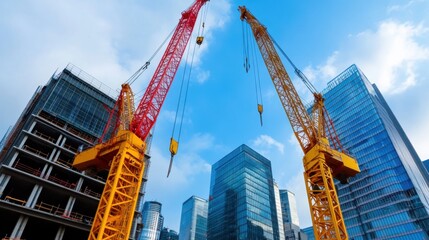 Low angle view of two construction machines against a backdrop of modern skyscrapers under a vibrant blue sky. Yellow and red machines dominate the