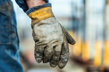 close-up of worker hand holding tool with worn gloves resting against blurred industrial background