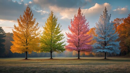 Fototapeta premium Vibrant landscape featuring four trees displaying autumn colors in a serene field