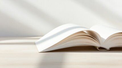 Fototapeta premium close-up of open book with gently curved pages resting on wooden table casting soft shadows
