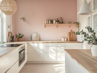 A Modern Minimalist Kitchen with a Pink Accent Wall