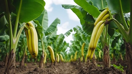 Obraz premium Banana farm showing ripe fruit, agricultural landscape, blue sky background, possible food supply use
