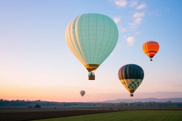 Obraz premium colorful hot air balloons ascend gently during clear sunrise filling sky above wide open landscape