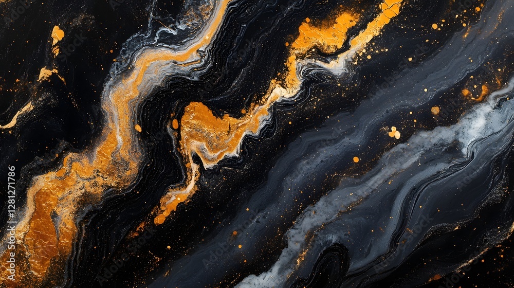 Aufkleber dramatic abstract marble texture with glimmering golden fluid patterns in a dark and moody color pal