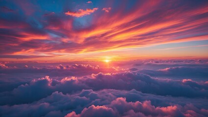 Mesmerizing sunset over fluffy clouds with vibrant orange and purple hues in the sky