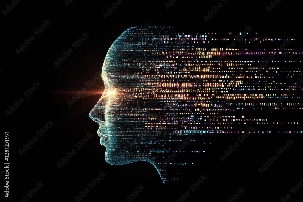 Leinwandbilder Human face outline dissolving into binary code representing futuristic AI concepts and data transformation in digital art. Generative AI