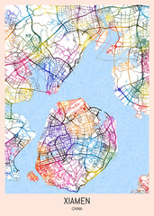 Xiamen China City Map, district banner, business modern landmark, neighborhood paint travel, hometown downtown design, destination landmark