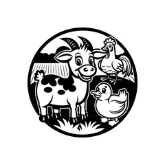 Fototapeta premium Farm Animals Cartoon Black and White Illustration.