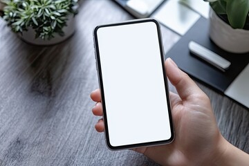 Blank white cell phone screen mockup. Hand holding text message from mobile phone on office table.