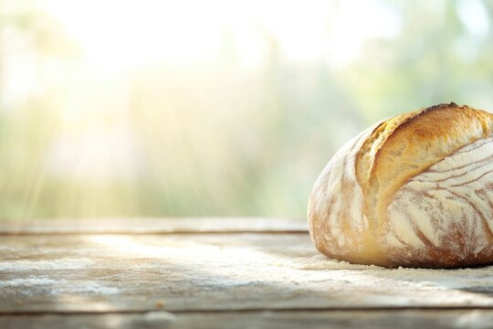 loaf of freshly baked sourdough bread rests on rustic wooden table crust golden and enticing - Powered by Adobe