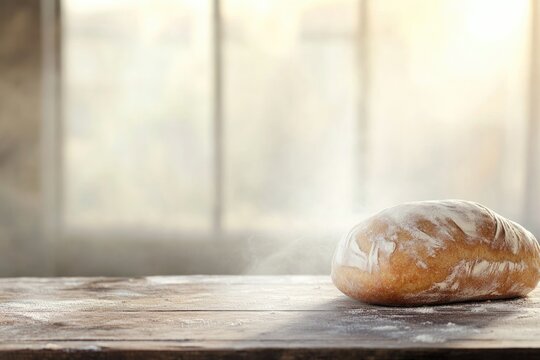 loaf of freshly baked sourdough bread rests on rustic wooden table crust golden and enticing - Powered by Adobe