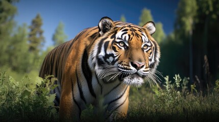 majestic siberian tiger prowling through dense russian taiga showcasing rich flora and natural habitat surrounding