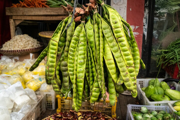 A display of many fresh petai (stink beans) hanging in bunches at a traditional market stall, showcasing their vibrant green color and natural texture