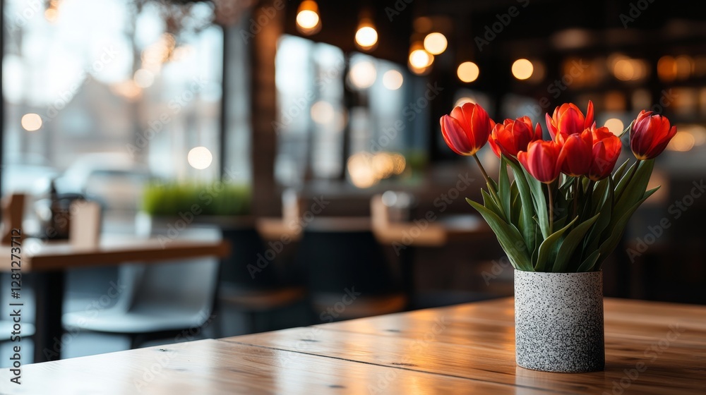 Poster A vibrant bouquet of red and yellow tulips is displayed in a simple vase on a wooden table. The cozy cafe is softly lit, enhancing the warm and inviting atmosphere of spring.