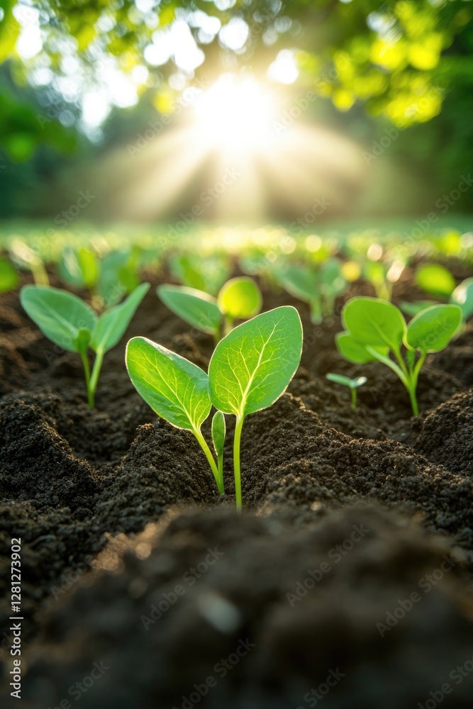 Poster soil with sprouts showcasing freshly planted rows with structured spacing adding balance to composit