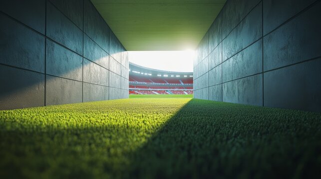 Fototapeta A dramatic view from a tunnel leading to a vibrant sports field, illuminated by sunlight, showcasing lush green grass and stadium seating.