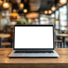 Laptop with blank white screen on wooden tabletop against blurred background of coffee shop