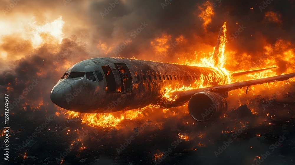 Aufkleber Dramatic and Apocalyptic Scene of a Passenger Airplane Crashing and Exploding in a Fiery Inferno Amid Billowing Smoke and Intense Flames Symbolizing a Catastrophic Disaster or Accident