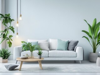 A minimalist interior scene of a living room with plants