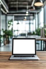 Office. Laptop with blank white screen on wooden tabletop against blurred office background.