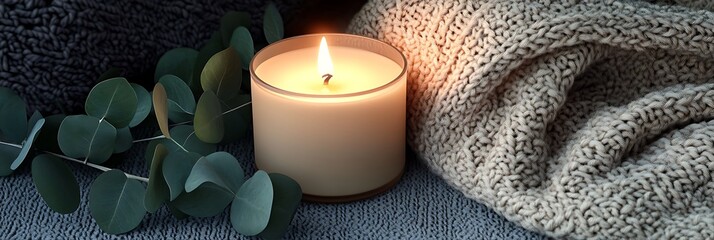 A pale beige candle glowing softly next to eucalyptus leaves and a cozy knit blanket