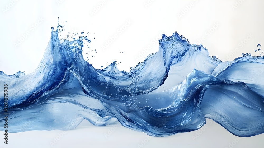 Poster dramatic and dynamic aquatic splashing swirling flowing water waves crashing against a coastal backd