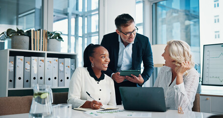 Accounting, office and business people with meeting, feedback and manager for laptop, discussion and graphs. Training, teamwork and talk with tablet, growth strategy or project report for finance