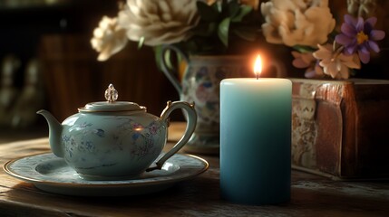 Fototapeta premium A pale blue candle glowing next to a vintage teapot and fine china in a cozy setting