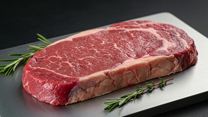 Fototapeta premium Fresh raw ribeye steak on metal tray