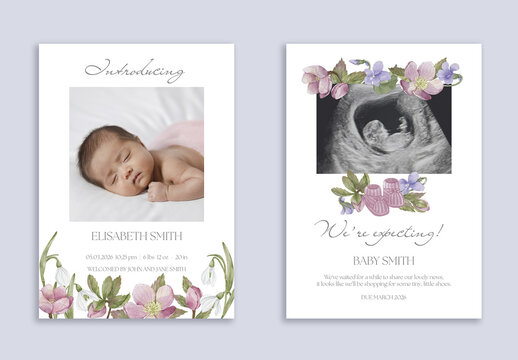 Pregnancy Announcement and Baby Introducing Cards Set with Spring Watercolor Illustrations and Photo Placeholder