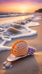 Obraz premium Beautiful Seashell on the Shore Against a Stunning Sunset and Gentle Waves.