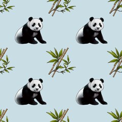 Seamless Pattern with Cute Pandas and Bamboo Small Design on Pastel Blue Background
