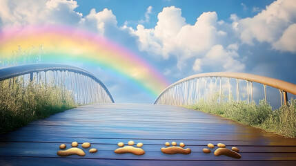 Rainbow bridge leading to the sky with paw prints along the path. picture