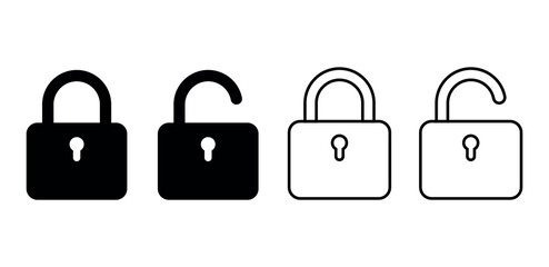 Set of locked and unlocked padlock icons in solid and outline style, flat security symbols for web and app, vector illustration isolated on white background