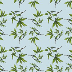 Seamless Pattern Leaves Bamboo Small Design on Pastel Blue Background