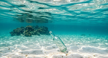 underwater scene with coral reef and a bottle